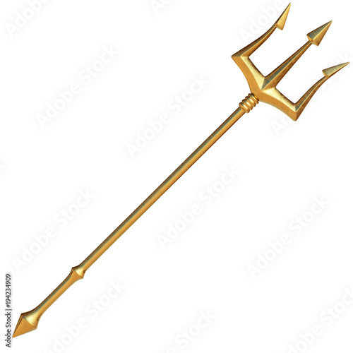 Golden trident, isolated on white background, 3d rendering
