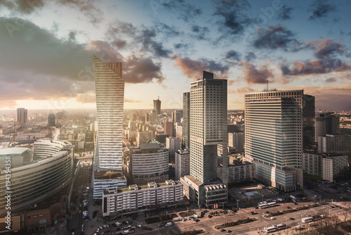 Urban view of the Warsaw skyline. Panoramic cityscape of the city in central Poland.