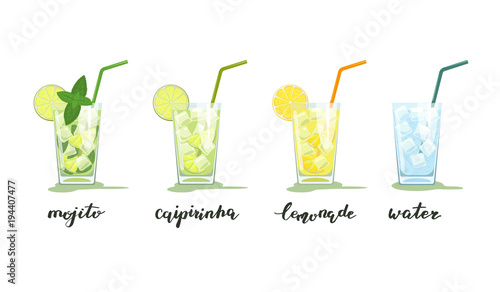 Glasses of mojito, caipirinha, lemonade and water with ice. Summer drinks with handwriting. Vector illustration isolated on white background