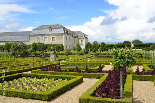 Villandry, Loire valley, France June 26 2017. View of the castle on the side of magnificent vegetable gardens, salads and vegetables masterfully cultivated.