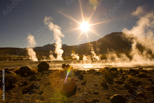 Sunrise behind fumaroles at an altitude of 4300m, El Tatio Geysers, Atacama desert, Antofagasta Region, Chile, South America