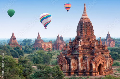 Colorful hot air balloons flying over Bagan, Mandalay division, Myanmar