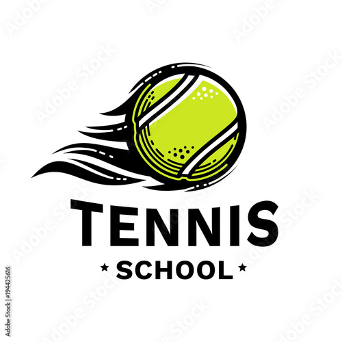 Tennis school emblem, illustration, logotype, modern line style, green color, on a white background. A flying burning tennis ball enveloped in flames.