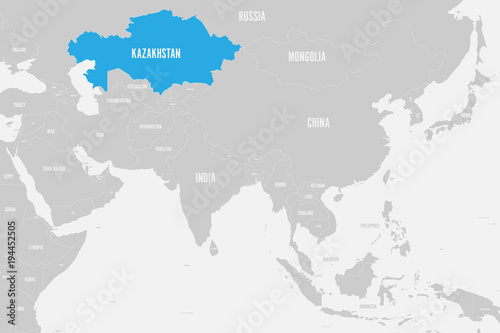 Kazakhstan blue marked in political map of Southern Asia. Vector illustration.