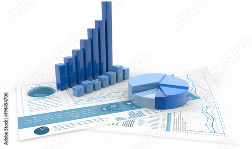 bar graph, pie chart and report paper isolated on white