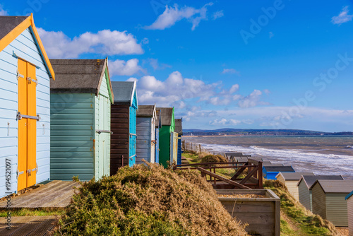 Hillside view of beach huts