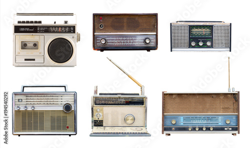 Collection of vintage retro radio related - clipping path objects isolated on white background.