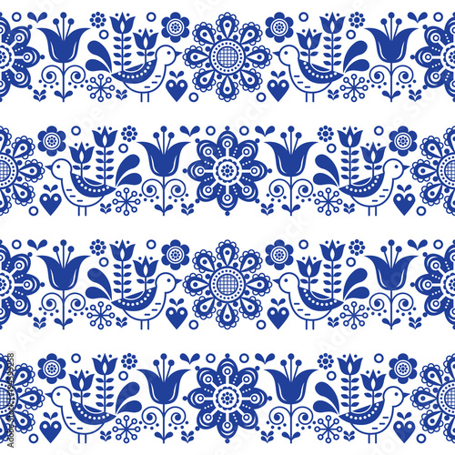 Folk art seamless vector floral pattern, Scandinavian navy blue repetitive design, Nordic ornament