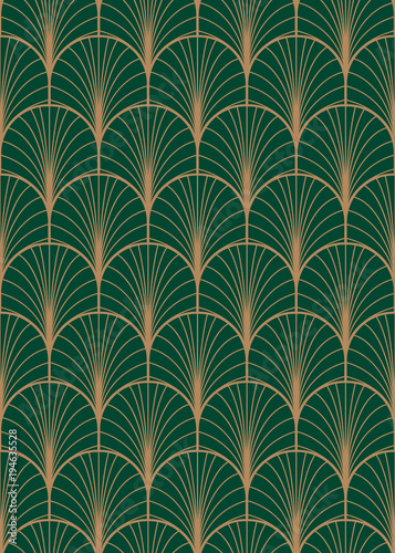 Art deco geometric seamless vector pattern. Gold and green peacock abstract feathers texture.
