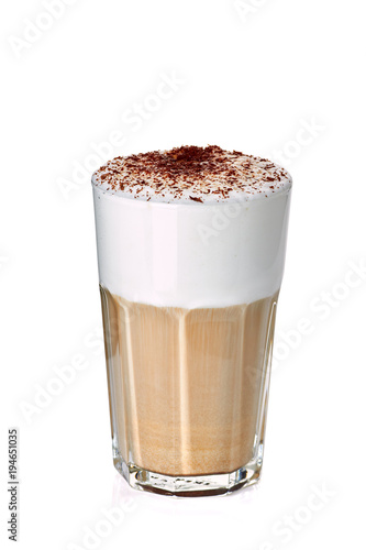 Glass of coffee latte on white