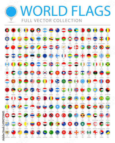 All World Flags - New Additional List of Countries and Territories - Vector Round Pin Flat Icons