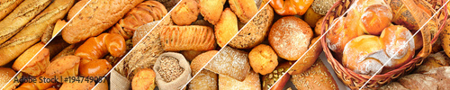 Panoramic set of fresh bread products.