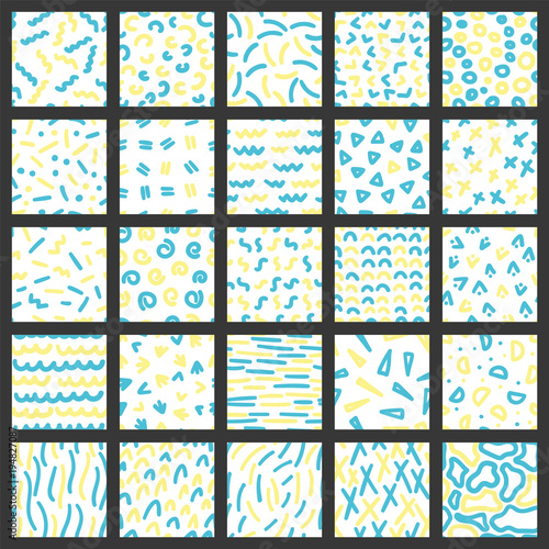 Set of hand drawn ink seamless patterns. Endless vector backgrounds of simple primitive textures with dots, stripes, waves.