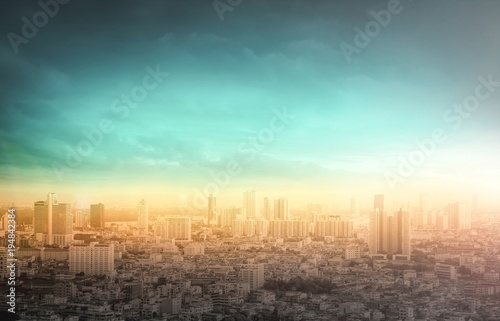 World environment day concept: Big city skyline with urban skyscrapers at autumn sunset background
