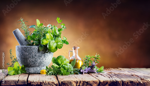 Aromatic Herbs With Mortar - Fresh Spices For Cooking 