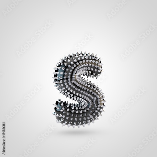 BDSM black latex letter S lowercase with chrome spikes isolated on white background