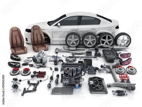 Car body disassembled and many vehicles parts