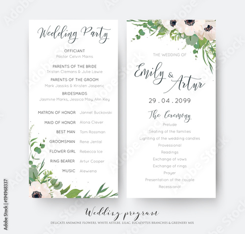 Wedding ceremony and party program card elegant design with watercolor style light pink mauve anemone flowers, eucalyptus green leaves, white lilac flowers, greenery decoration. Romantic templates set
