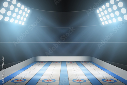 Horizontal Background of curling ice arena in the spotlight. Curling indoor rink. Editable Vector Illustration.