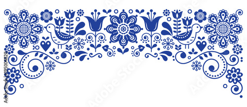 Scandinavian folk art frame border retro vector greeting card design, floral navy blue ornament with birs and flowers