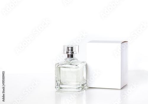 Perfume bottle mock up, fragrance spray and white box 