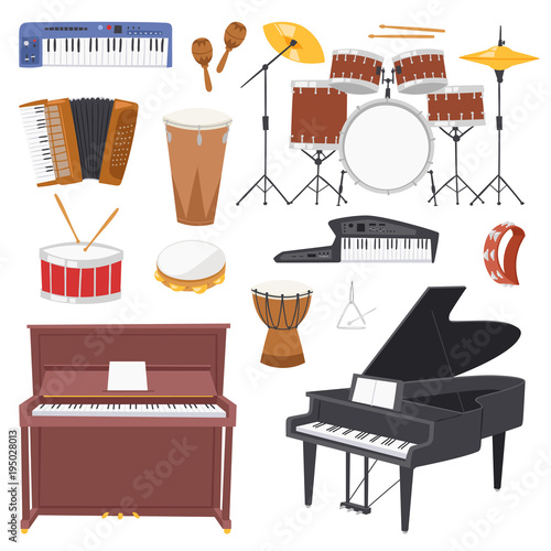 Musical instruments vector music concert with piano or musicians synthesizer and drum kit illustration set of music accordion isolated on white background