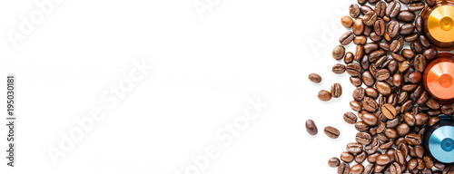 Capsules of Coffee and coffee beans on a white background