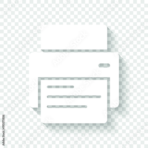 printer and paper. White icon with shadow on transparent background