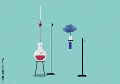 burette is attached to stand acid is pouring burette to flask and testtube is attached to stand acid is evoparating
