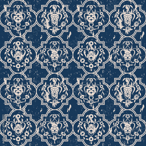 seamless vector blue pattern with arabesques and vintage print. design for interior, textile, packaging