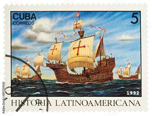 Three ships of Columbus on postage stamp