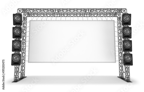 Metal trusses with a screen and acoustic systems. The equipment of a stage, a cinema. 3d illustration