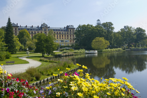 Colourful summer flowers by the lake at Bagnoles de l'Orne, Orne, Lower Normandy, France