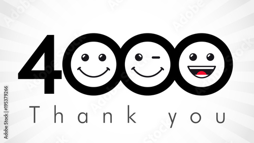 Thank you 4000 followers numbers. Congratulating black and white thanks, image for net friends in two 2 colors, customers likes, % percent off discount. Round isolated emoji smiling people faces.