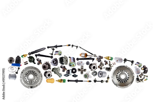 Passenger car assembled from new spare auto parts for shop aftermarket. Isolated on white background.