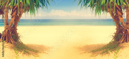 Paisaje idilico y pintoresco de playa y palmeras.Vacaciones y viajes por playas. 