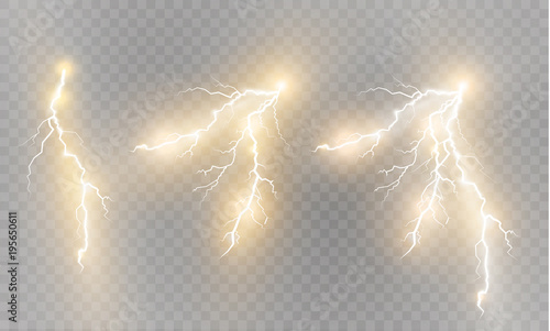 A set of lightning Magic and bright light effects. Vector illustration. Discharge electric current. Charge current. Natural phenomena. Energy effect illustration. Bright light flare and sparks