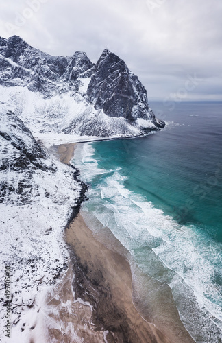 Aerial view on the beach and waves. Beautiful natural landscape from air in the Norway