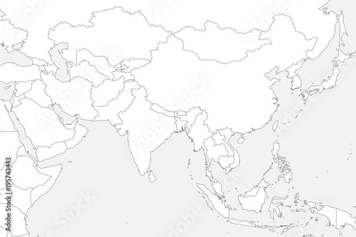 Blank political map of western, southern and eastern Asia. Thin black outline borders on light grey background. Vector illustration.