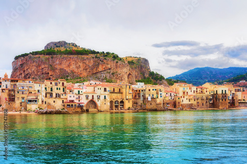 Cityscape of Cefalu old town and Mediterranean Sea Sicily