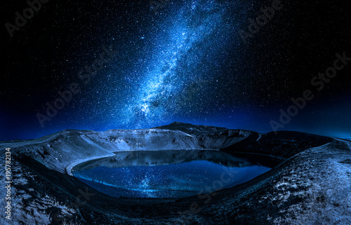 Milky way and lake in the volcano crater, Iceland