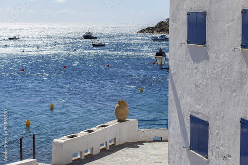 Blue and white building front sea, mediterranean village, Cadaques,Costa Brava,province Girona, Catalonia.Spain.