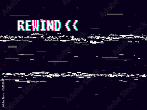 Rewind glitch background. Retro VHS template for design. Glitched lines noise. Pixel art 8 bit style. Vector illustration