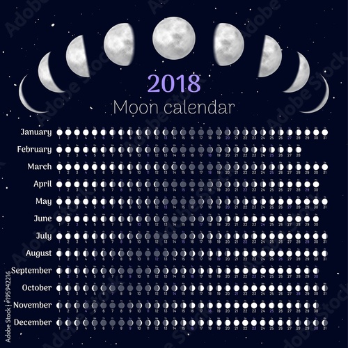 Moon calendar 2018 with all months. Planner with lunar phases in flat style. Realistic lunar phases. Vector illustration of menology