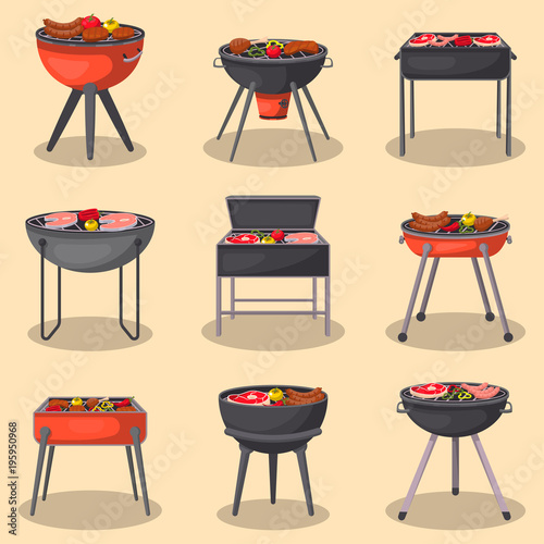 Different types barbecue grills isolated set. Charcoal kettle grills with assorted delicious grilled meat and vegetables vector illustration. BBQ party, traditional cooking food, restaurant menu icons