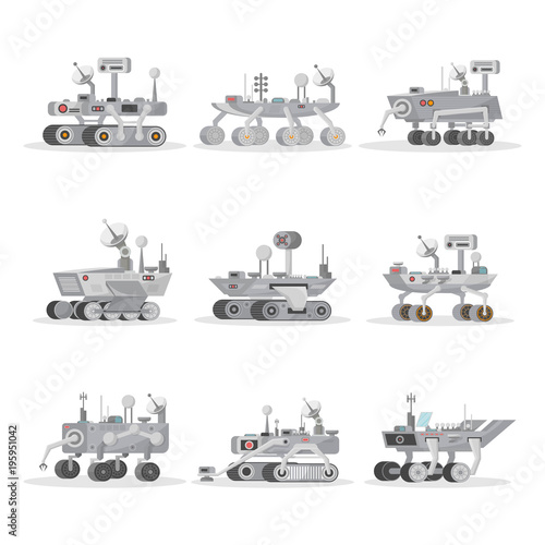 Mars rover with camera, wheels, antenna and hand manipulator. Robotic space autonomous vehicles for planet exploration and cosmic colonization. Aeronautics equipment, space technology in flat style.