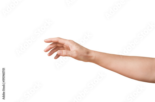 man hand is touching something like a screen monitor isolated on white backgrounds