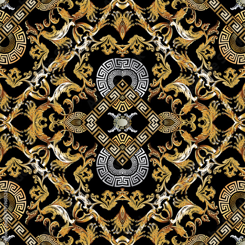 Baroque seamless pattern. Black vector damask background wallpaper with vintage gold silver flowers, scroll leaves, rhombus, meander, greek key ornament. Ornate beautiful texture. Luxury floral design