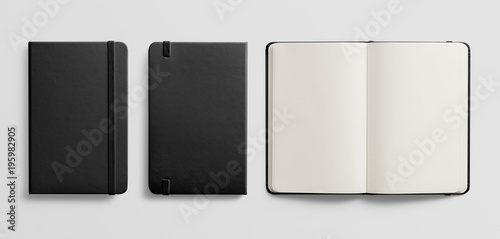 Photorealistic black leather notebook mockup on light grey background.
