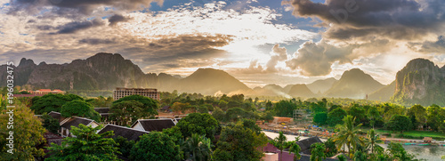 Landscape view panorama at Sunset in Vang Vieng, Laos.